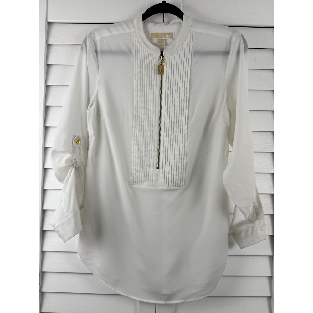 Michael Kors Pleated Zip Front Blouse Womens S White Roll Tab Sleeve